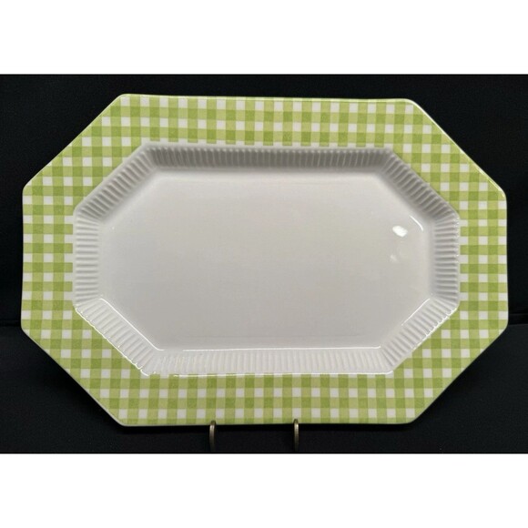 Independence Ironstone octagon green white checkerboard rim serving platter 9x13 - Picture 1 of 8
